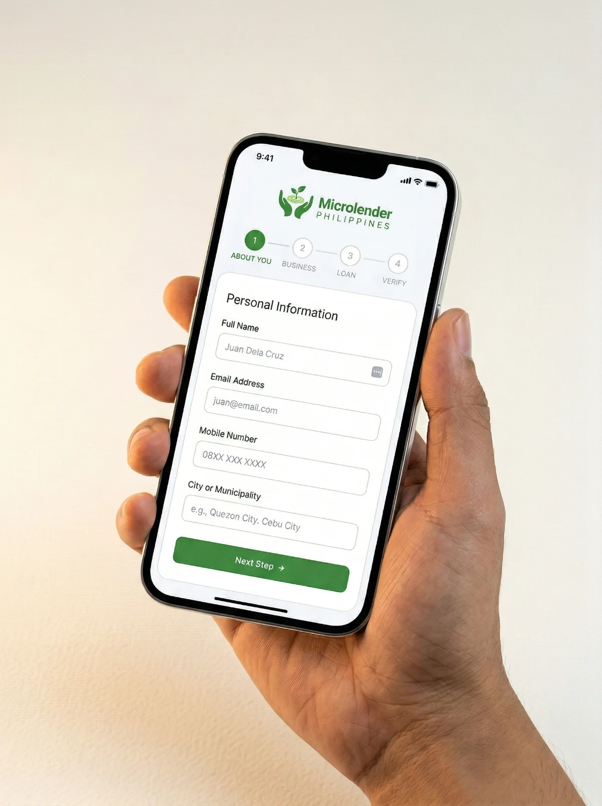 Hand holding phone showing Microlender.PH application