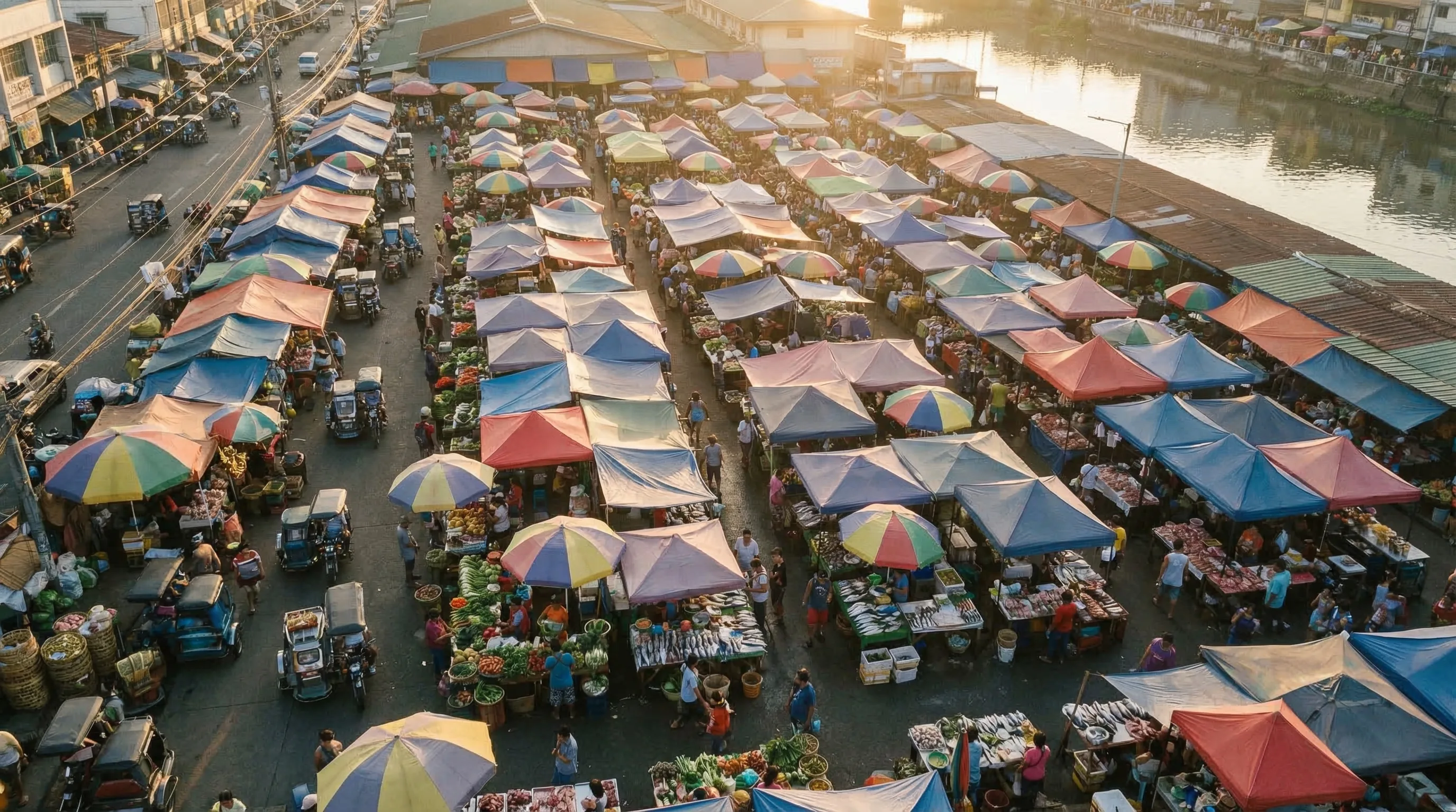 Filipino marketplace at golden hour